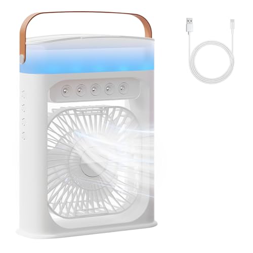 Aire acondicionado portátil 4 en 1, enfriador de aire, mini ventilador de escritorio silencioso de 600 ml. con 3 velocidades, vapor frío, temporizador de 2 a 8 horas y 6 luces LED