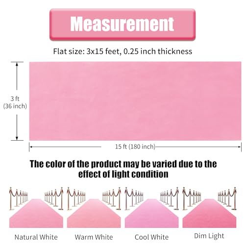 HOMBYS Extra Thick Pink Carpet Runner for Events, 3x15 Feet Not Slip Red Aisle Runway Rug for Party Wedding & Special Events Decorations