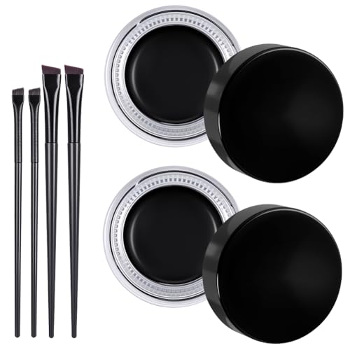 ALIIP Delineador de Ojos en Gel, 2 Geles Eyeliner de 3 g, Crema de Delineador de Larga Duración con 4 Pinceles, Eyeliner para Maquillaje de Ojos, Fácil de Aplicar, Regalos para Mujeres, Negro Mate