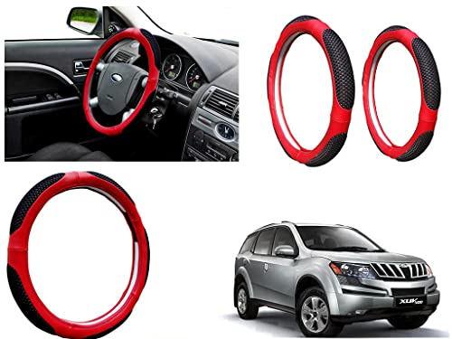 Image of Microfiber Car Steering Wheel Cover, Soft Padding Great Hand Feel, Anti-Slip, Faux Leather Steering Cover for Mahindra XUV 500 | Black Red Jali - Pack of 1
