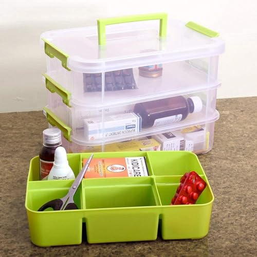 Image of PAXCOO 3 Layer Stack & Carry Box, Plastic Multipurpose Portable Storage Container Box Handled Organizer Storage Box with Removable Tray for Organizing Sewing, Art Craft, Supplies (Multicolor)