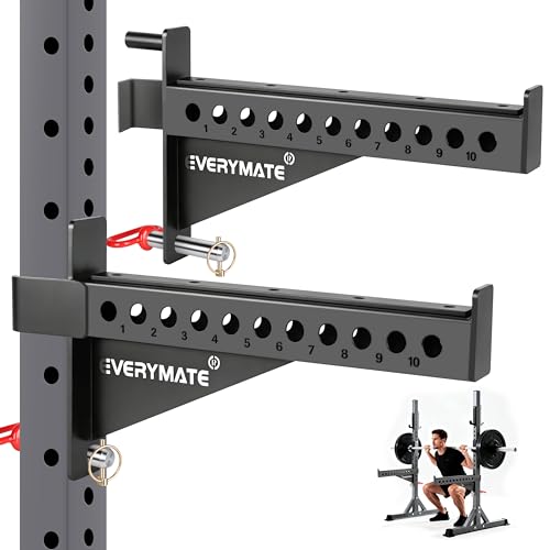 EVERYMATE Safety Spotter Arms Fits 3x3 Power Racks with 1 Holes Heavy Duty 1000LBS Capacity Squat Rack Safety Bars with UHMWPads for Home/Garage Gym Strength Training Weight is 37LB