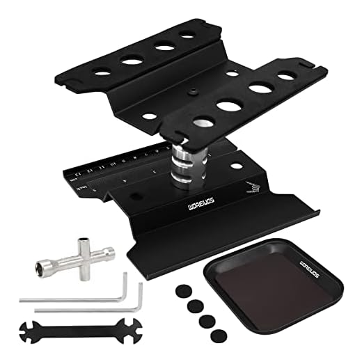 WOAEIUOS RC Car Stand Repair Tool Set 360 Degree Rotation Red and 310pcs RC Screws Kit Repair Tool with Screw Tray and Cross Wrench for 1/8 1/10 1/12 1/16 1/18 RC Car Truck Buggy