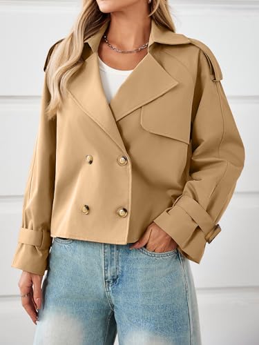 Tankaneo Womens Cropped Trench Coat Oversized Double Breasted Lapel Long Sleeve Short Jacket Fashion Outerwear4