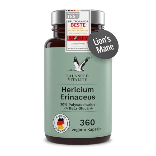 Lions Mane Kapseln - Hericium Erinaceus Extrakt 30:1-360 Stück für 3 Monate - Tagesdosis 2.000 mg - ohne Zusatzstoffe - laborgeprüft - Balanced Vitality