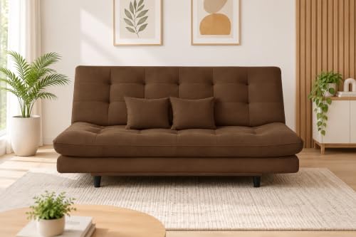 Image of 3-Seater Velvet Sofa Cum Bed | Tufted Convertible Sleeper Sofa | Plush Cushioned Seating | Space-Saving Design for Living Room, Bedroom & Office | Brown