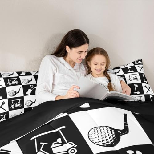 Image of Feelyou Golf Comforter Set Toddler Size Black White Plaid Buffalo Check Geometric Bedding Set for Kids Boys Girls Sports Theme Duvet Quilt Bedroom Decor Microfiber 2 Pcs with 1 Pillow Cases