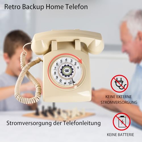 Retro Telefon mit Wählscheibe, Rotationsfernsprecher Ausgeschaltetem Klingel, Altes Telefon mit Mechanischer Glocke, Klassisches Vintage Verkabeltes Telefon, Backup Notfalltelefon,Beige