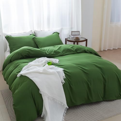 Image of SheRest Olive Green Duvet Cover - Soft Brushed Microfiber, 3 Pieces, 1 Duvet Cover 90x90 Inches with Zipper Closure 8 Ties & 2 Pillow Shams, Breathable Bedding Set for All Season, Queen (No Comforter)