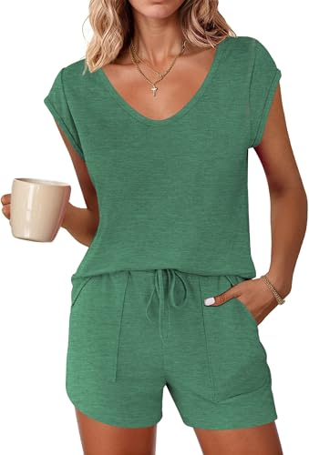 Image of Ekouaer Womens Pajama Sets 2 Piece Lounge Sets Comfy Short Sleeve Tops and Shorts Cute Pjs Outfits Set S-XXL