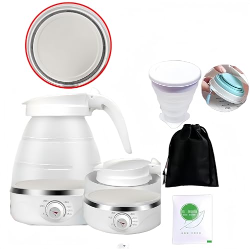 折り畳める旅行用電気ケトル シリコン製 高速沸騰 コンパクト 収納便利 ホワイト カフェ キャンプ ボトル 家庭 ステンレス 可愛い110V (温度調節3点セット)