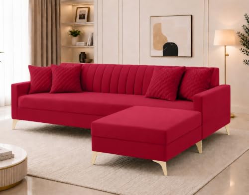 Image of AMATA Falcon 4 Seater Fabric Suede Velvet red Colour Sofa Set with Two Cushions Perfect for Home Office Guests Living Room (Falcon red 01, Falcon 4 Seater l Shape)(3 Year Warranty)