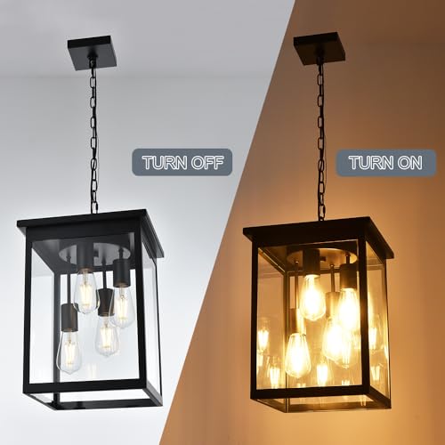 TODOLUZ Large Outdoor Pendant Light Fixtures, 4-Lights Black Exterior Ceiling Hanging Lanterns with Clear Glass, Farmhouse Outdoor Chandelier for Front Door Entry Patio