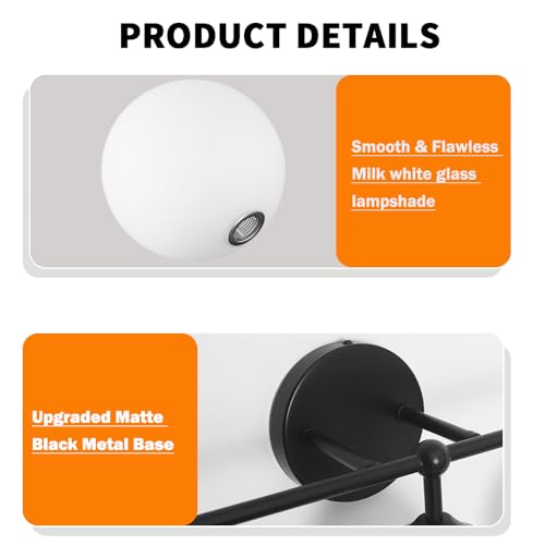 Image of Modern Matte Black 5-Lights Bathroom Vanity Light, Lighting Fixtures Over Mirror with Milky White Glass Ball Shades, Wall Sconces for Bathroom Dressing Table Bedroom