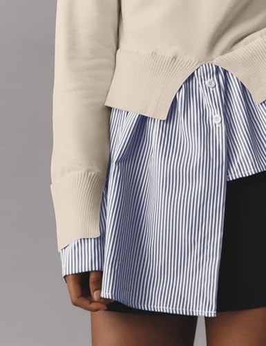 Image of Women Turtleneck Slit Patchwork Knit Pullover Sweater 2 in 1 Asymmetrical Hem Striped Button Down Shirt Tops
