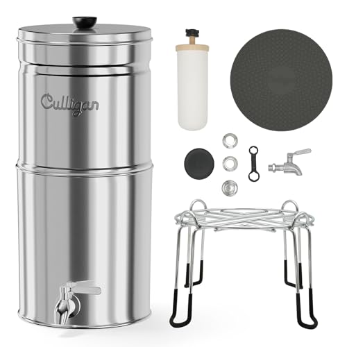 Image of Culligan MaxClear 3 Gallon Gravity Water Filter System, Polished Stainless-Steel Countertop Water Filter NSF /ANSI Certified to Reduce Microplastics, Lead & Total PFAS, with 2 Ceramic Filters