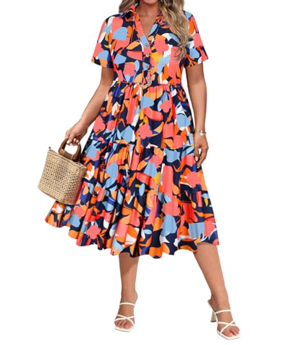 Image of CARCOS Plus Size Dresses for Curvy Women Collared Vneck Short Sleeve Dresses Midi Summer Ruffle Dress with Pocket XL-5XL