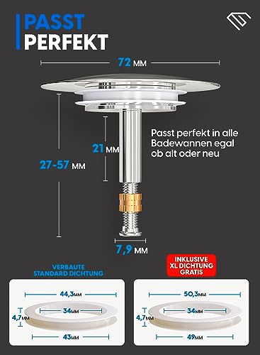 EDELER | 2-teilig | Badewannenstöpsel Universal Passform | Badewannen Stöpsel Verschluss Ø 72 mm | Rostfrei Verstellbarer Badewannen Stopfen | für Jede Badewanne Dicht + GRATIS Alternativdichtung