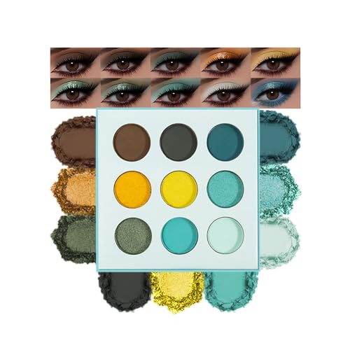 Matte Shimmer Glitter Eyeshadow Palette – High Pigment Teal, Yellow, Olive & Brown Shades, Long-Lasting Waterproof Blendable Bright Eye Makeup, Colorful Artistic Eyeshadow for Creative & Daily Looks