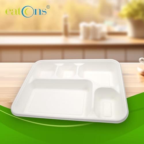 Image of EATONS | 5 Compartment Bagasse Meal Tray | Pack of 50 | Disposable Plates Big Size | Sugarcane Paper Plates | Ideal for Events, Caterers & Buffet | Heavy Duty, Leakproof, Microwave Safe