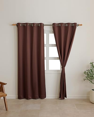 Image of The Home Story Dark Cocoa Blackout Eyelet Long Door Curtains Set of 2, (9 Feet) 54 x 108 Inches, Room Darkening & Noise Reduction Curtains with Tiebacks