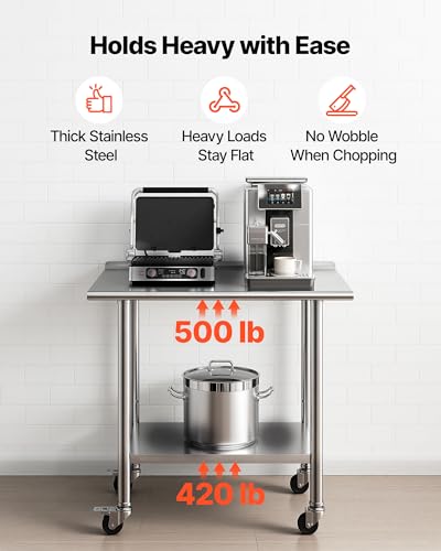 Image of VEVOR Stainless Steel Work Table, 24x36 inch Food Prep Table with Wheels and Backsplash, Commercial Kitchen Workstation with Adjustable Undershelf, Metal Utility Worktable, for Restaurant Home Outdoor