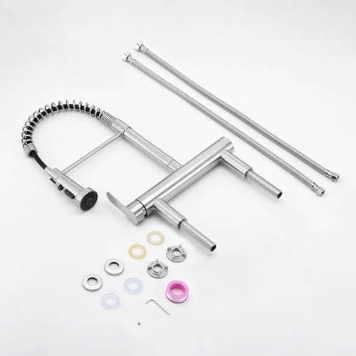 Flwueue UEFK0202008C01 8 Inch Center Bridge Faucet, Deck Mount Pre Rinse Faucet, With Pull Down Sprayer, High Arc Single Handle Spring Commercial Sink Faucet thumb #7