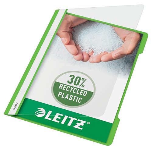 Leitz A4 Standard Schnellhefter, 25er Pack, 30% Pre-Consumer Recycling-Kunststoff, Hefter für A4-Blätter, 60 Blatt Kapazität, Ideal als Dokumententasche für Schule oder Büro, Hellgrün, 41910050