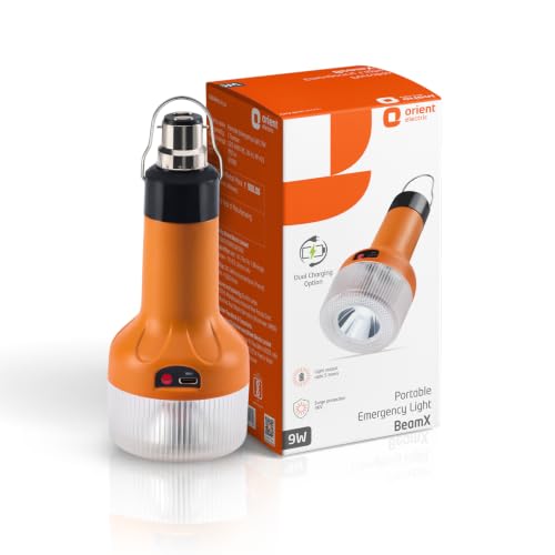 Image of Orient Electric BeamX 9W Portable LED Torch with Bulb | Emergency Hanging Hook Lantern | Type-C Charging | 1500 mAh Rechargeable Emergency Light |6 Hours Run time| Cool Day Light, Pack of 1