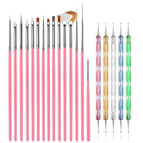 ELITEWAVE 20 pcs Nail Art Brushes, Nail Art Design Painting and Drawing Brush Tool Kit, 15 pcs Nail Art Brushes Kit with 5 pcs Nail Dotting Pens, Multicolored.