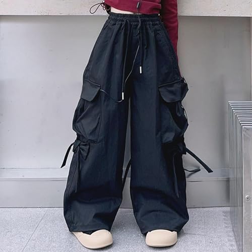 Girls Cargo Pants Lightweight Solid High Waist Drawstring Cinch Bottom Trousers Trendy Baggy Y2K Pant with Pockets2