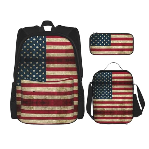 nanger American Flag Print 3-Piece Set Backpack, Lunch Bag And Pencil Case, For Travel, College, And Daily Use