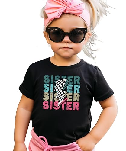 Trendy Sister Shirt for Girls Checkered Lightning Bolt Graphic T-Shirt