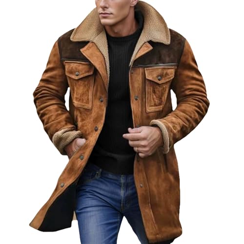 Chaqueta de piel sintética para hombre, estilo vaquero occidental, vintage, de ante, con cuello felpa, chaquetas largas piel sintética para invierno.