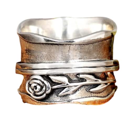 Blooming Rose Flower Wide Band Ring for Women Retro 925 Sterling Silver Floral Chunky Ring Vintage Ring Boho Stainless Steel Flower and Leaf Promise Statement Anniversary Ring