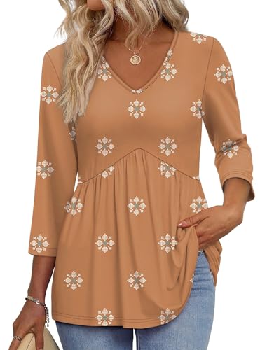 Image of OFEEFAN 3 /4 Length Sleeve Womens Tops 2026 Blouses for Women Dressy Casual Fashion Clothing V Neck Babydoll Tops Fall Outfits