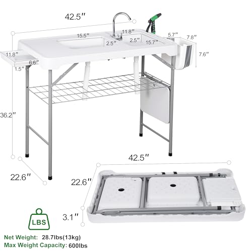 Allpop Fish Cleaning Table with 2 Sinks & Grid Rack, 42.5'' Portable Folding Camping Fish Station with Foldable Faucet, Drainage Hose, Sprayer, Storage Box, Drawer & Grooves for Picnic, White