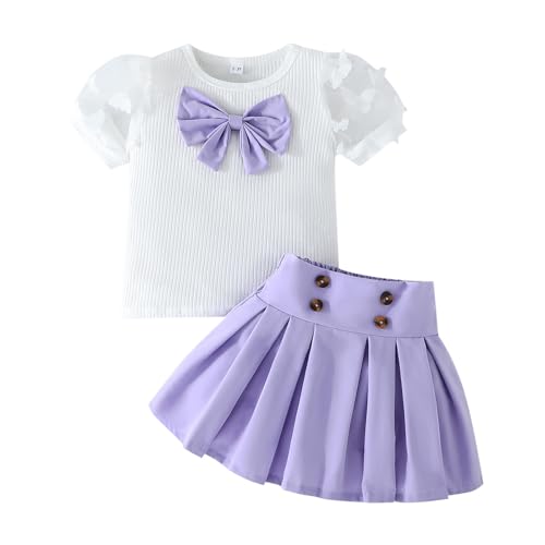 Image of Girls Summer Outfits Toddler Mesh Short Sleeve Ribbed Knit Top Mini Skirt Set Kids Clothes 2-7 Years(Purple, 2-3T)