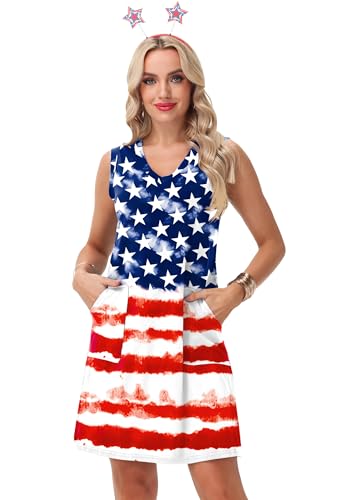 Image of Deerose Womens July 4th Sleeveless Dress American Flag Swim Cover Up Dress with Pockets