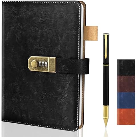 Mousbull Diary with Lock for Men and Women, A5 Vintage Leather Journal with Lock for Boy and Girl, 200 Pages Refillable Lined Password Notebook with Pen for Personal Daily Writing Travel （Black） Cover