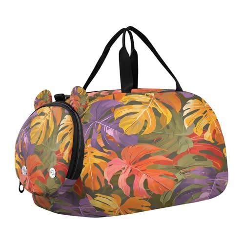 YETTASBIN Sport Travel Duffel Bag for Girls Boys, Tropical Leaves Large Waterproof Weekender Overnight Bag, Detachable Shoulder Strap Gym Bag with Shoe Compartment & Wet Pocket