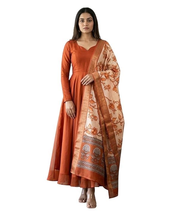 Women's Rust Orange Anarkali Gown with Floral Printed Dupatta, Sweetheart Neckline, Full Sleeves, Flared Silhouette, Traditional Ethnic Wear for Festive & Party Occasions-picture-12