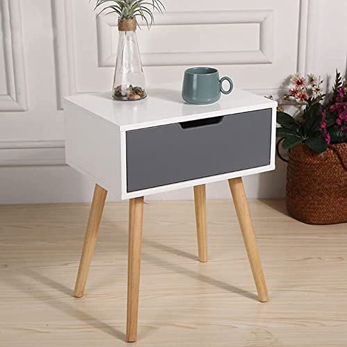 Image of Storage Nightstand Mid-Century Modern Bedside Table with Solid Wood Legs Minimalist and Practical End Side Table- 1 Drawer -Grey White