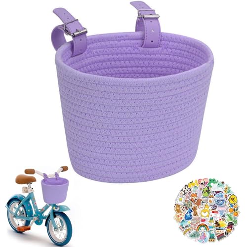 Kids Bike Basket Cotton Rope Woven Front Bicycle Basket for Boys Girls Bike Basket Kids Front Handlebar Basket for Scooter Balance Bikes