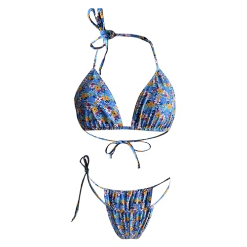 Genérico Bragas Bikini Brasileña con Encaje Floral de Tres Puntos Bikini Mujer Tipo Sujetador (Blue, M)