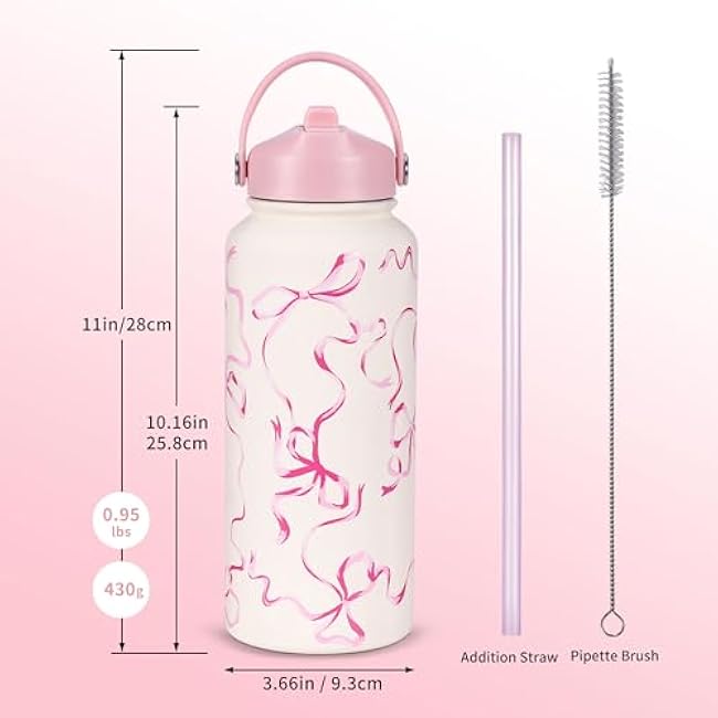 Goetland Ribbon Water Bottle with Straw Lid 32oz Stainless Steel | Wide Mouth | Vacuum Double Insulated | Leakproof | For Women Girls | Pink | Cute | UV Printing | Drinking Cup