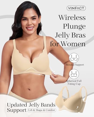 Image of Vinfact Plunge Jelly Bras for Women No Underwire Wireless Lift Full Coverage T Shirt Everyday Sleep Bra