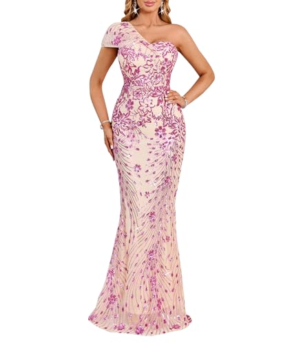 Image of Cololura Women Sexy Sequin One Shoulder Mermaid Formal Party Cocktail Gowns Bodycon Evening Maxi Dress