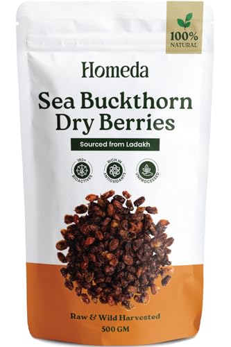 Image of Homeda Sea Buckthorn Berry Dry (500g) Organic Seabuckthorn Berries Original Dried - With Vitamins, Antioxidants, Omega 3 6 7 & 9 | Himalyan See Buck Thorn Plant | Pure Leh Seabuck Berry
