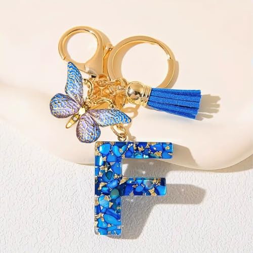 riKRishnaya Artworks Personalized Handmade Resin Alphabet Keychain in Multiple Designs available | For Men & Women | For Bike Wallet Purse Backpack Gift (F, Royal Blue Stone)
